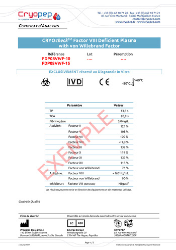 CRYOcheck™ Factor VIII Deficient Plasma with VWF Certificate of analysis